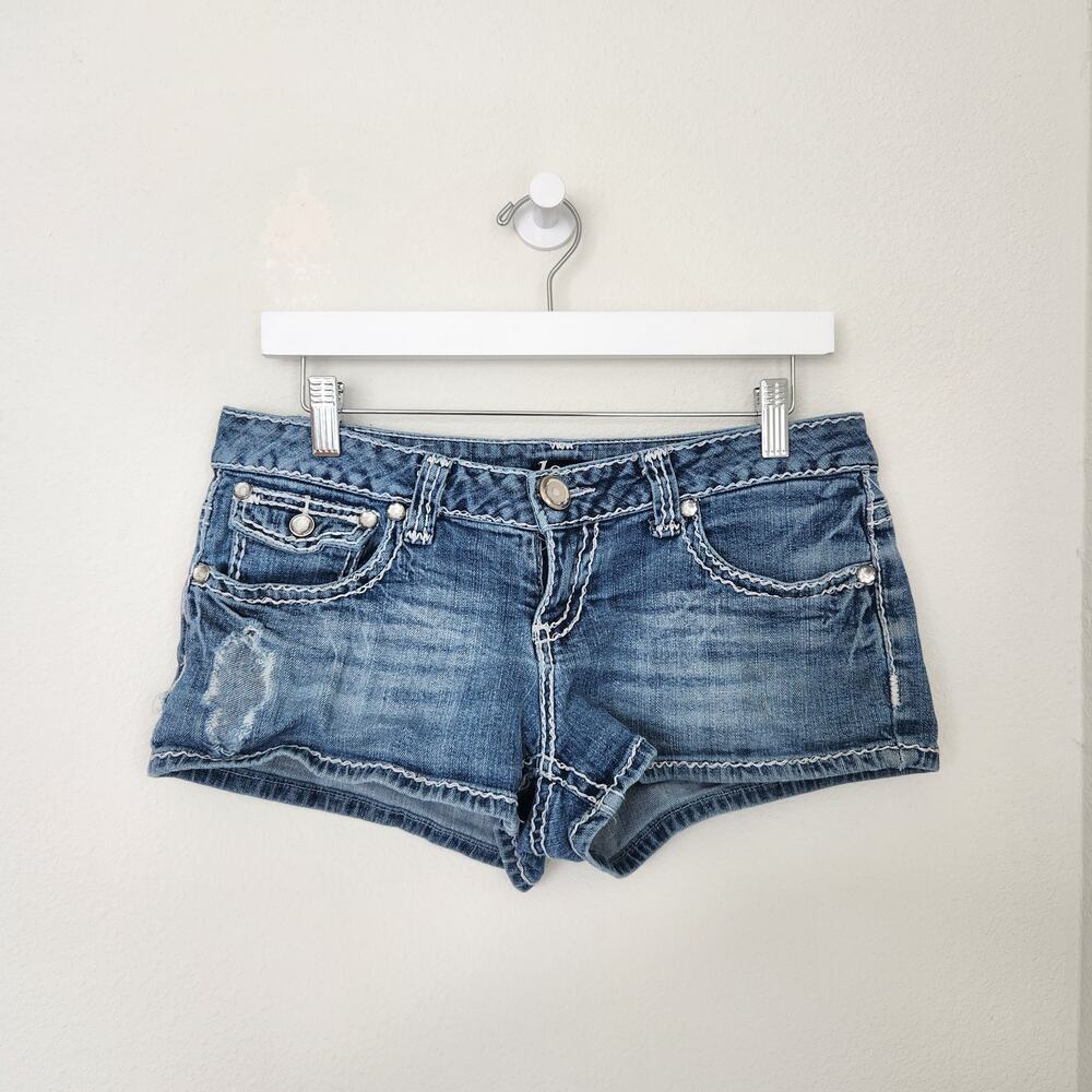 Y2K Low Rise Mini Denim Shorts Bedazzled Stud White Stitch Distressed 6